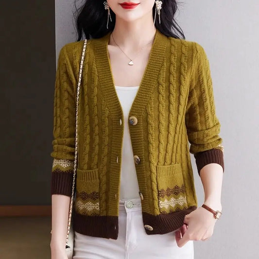 Women's Vintage V-Neck Button Pocket Knitted Cardigan Sweater