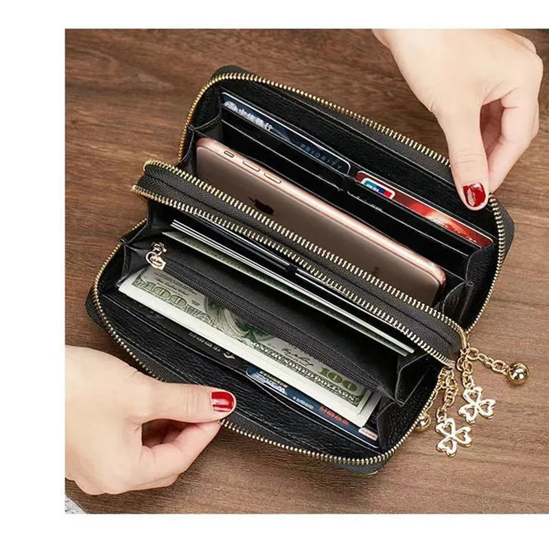 Women Leather Double Zipper Wallet Purse