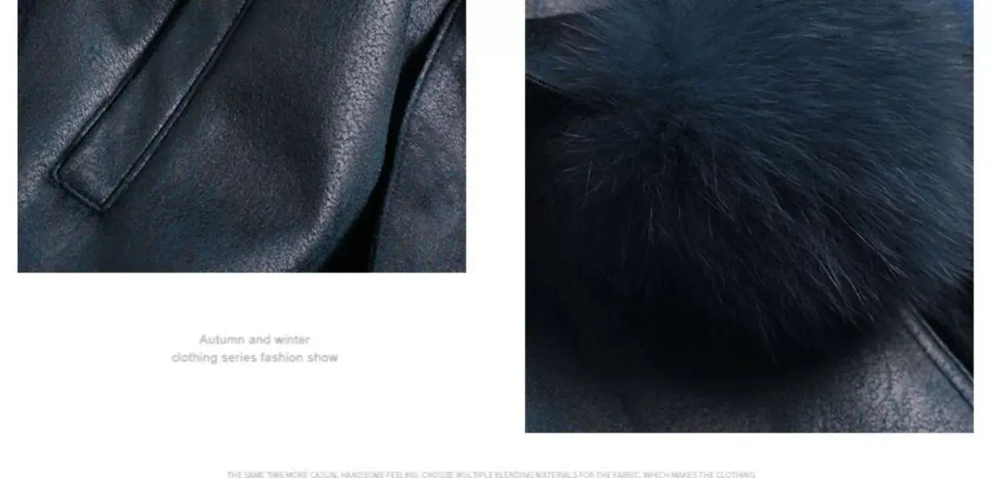 Women's Mid Length Rabbit Fur Fox Fur Collar Slim Fit Coat