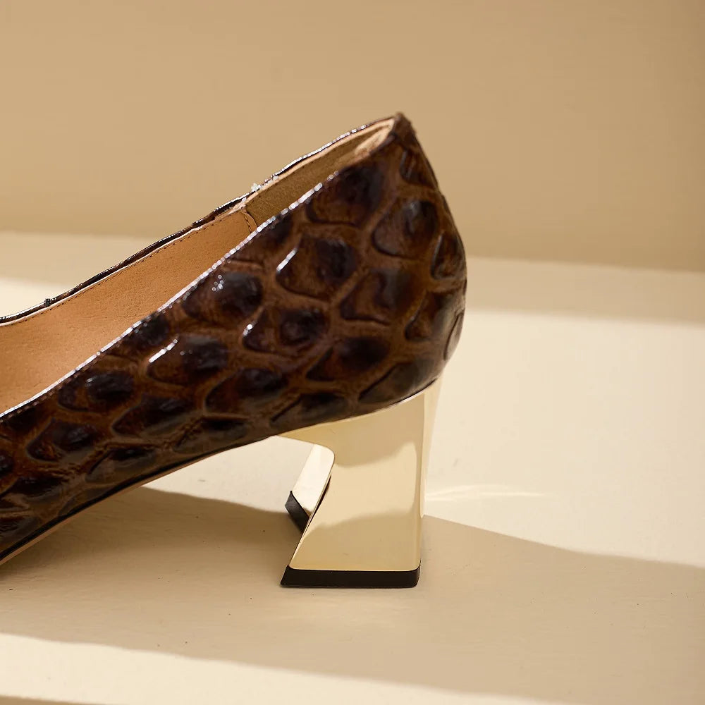 Women's Genuine Leather Mid Heel Square Toe Pumps Shoes
