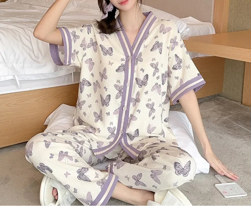 Women 2PCS Casual Classic Sweet Purple Floral Pajamas