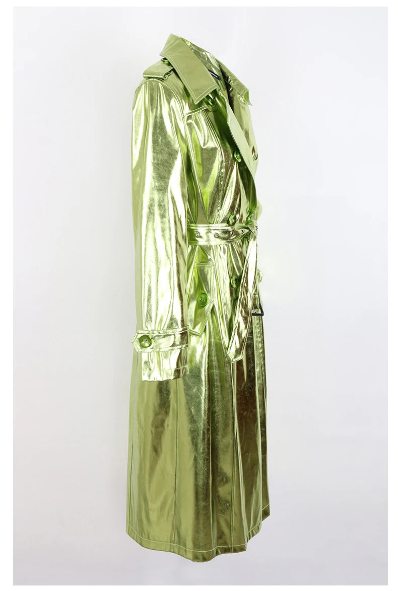 Women's Long Shiny Reflective Patent Leather Trench Coat