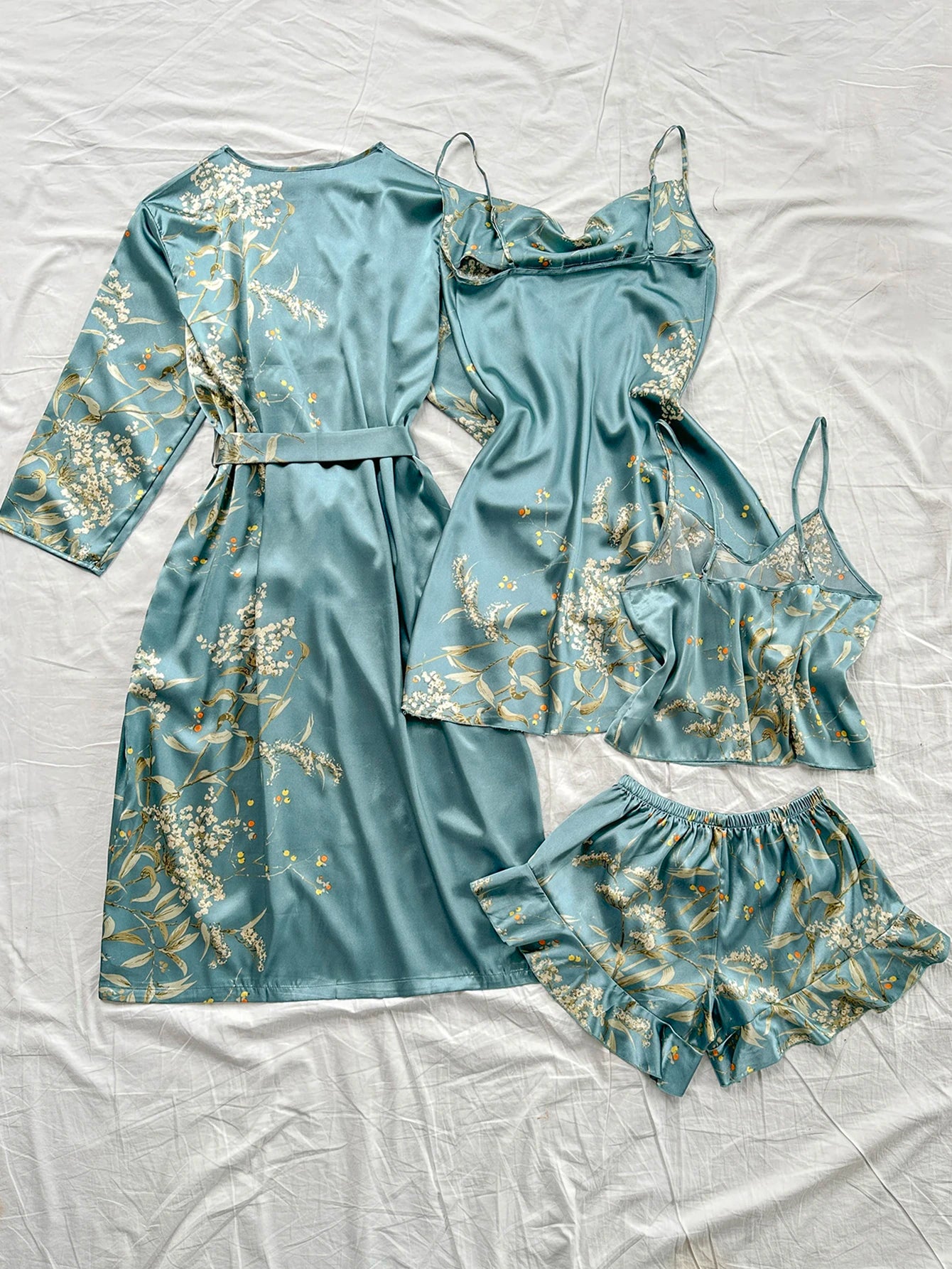 Women's 4Pcs Irregular Cherry Print Comfortable Bathrobe Halter Shorts Pajama Set