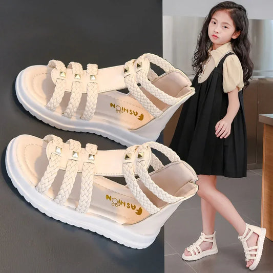 Girls Braided Solid Color Simple Rivets Hollow Flat Sandals