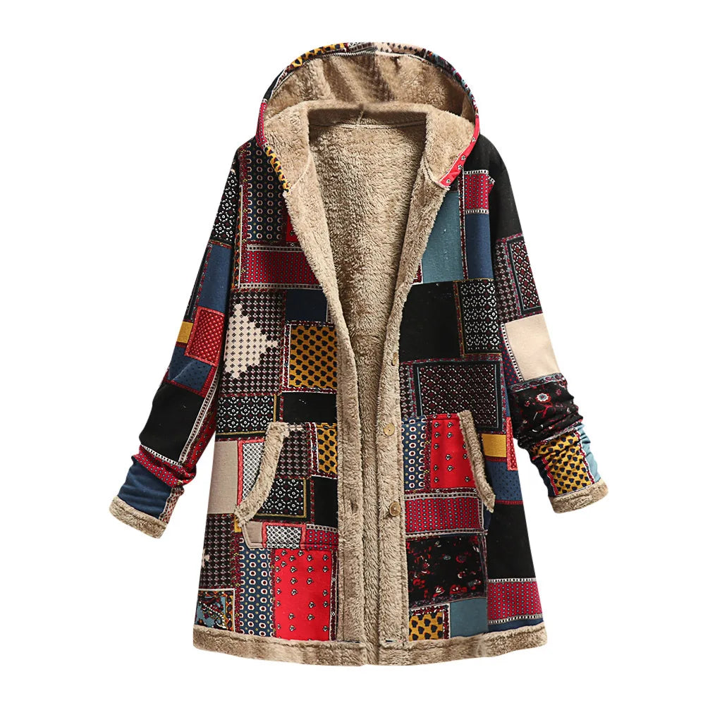 Women's Print Thick Fleece Hooded Long Loose Coat