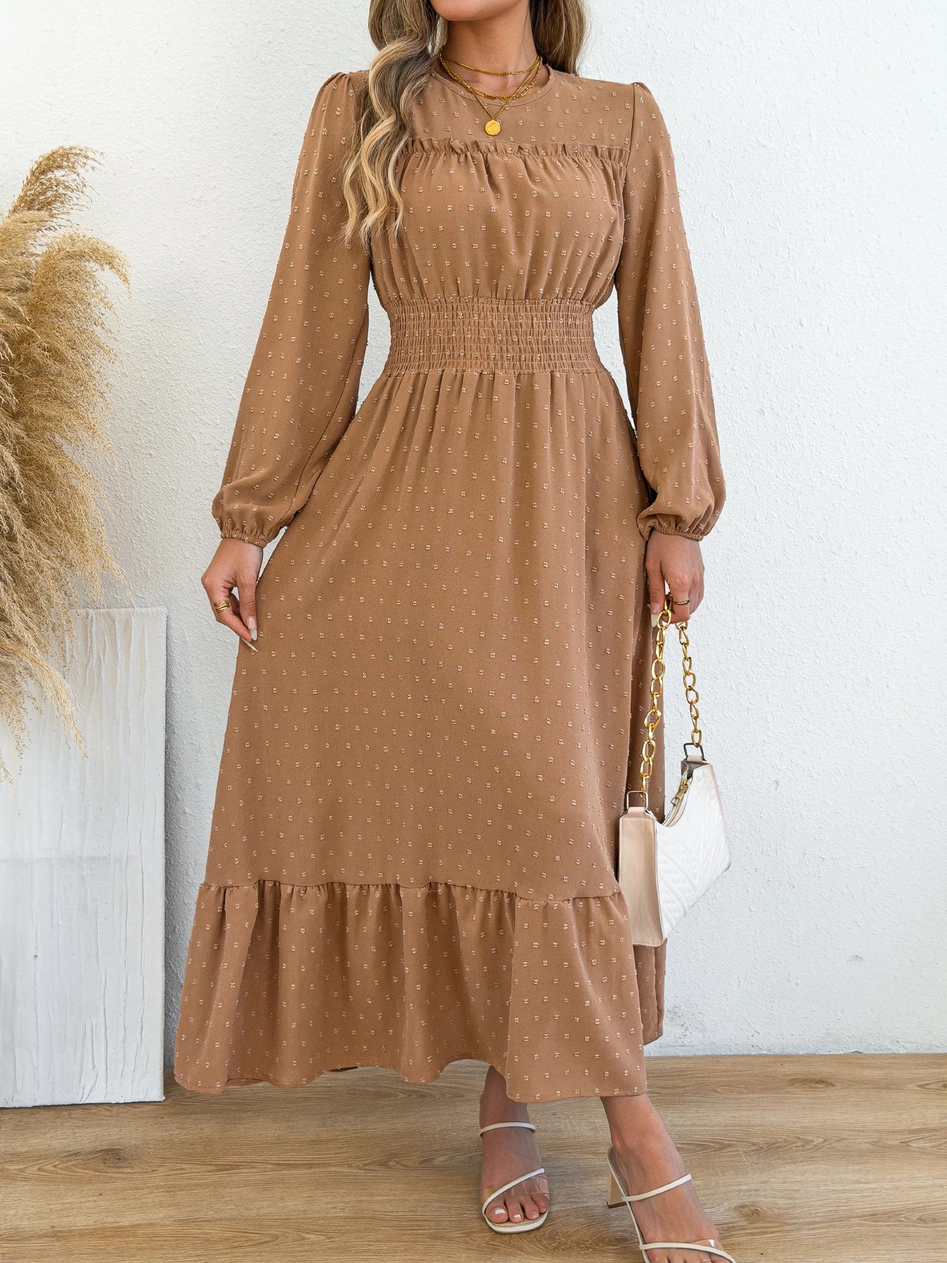Women's Elegant Lantern Ruffled Plain Elastic Waist Maxi Dress