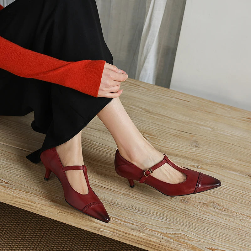 Women's Cow Leather T-Strap Pumps Shoes