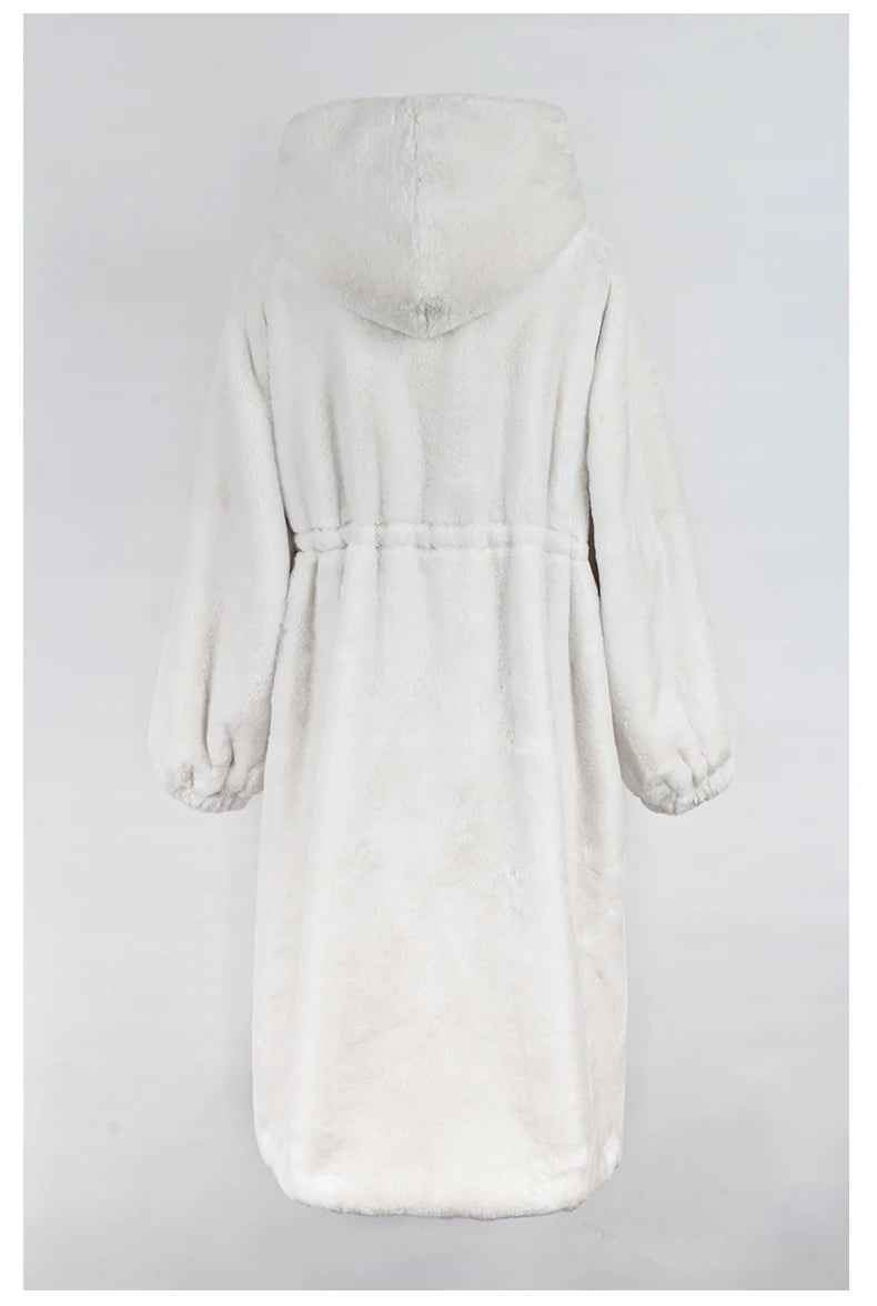 Women's Fluffy Faux Fur Hood Drawstring Waist Zip Up Coat