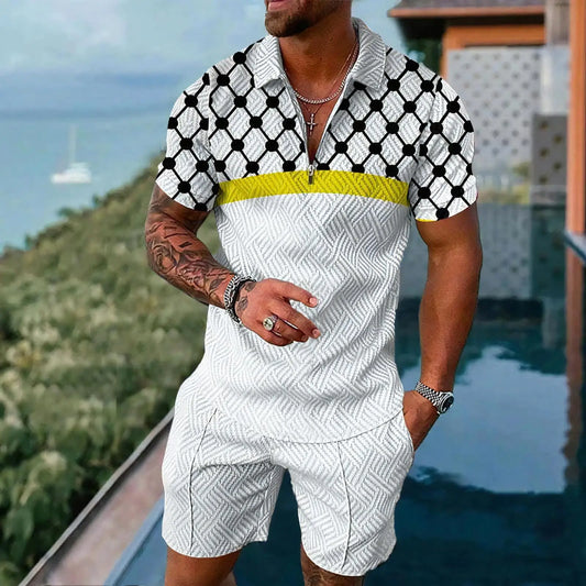 Men's Zipper Stand Collar Top Short Suit Set