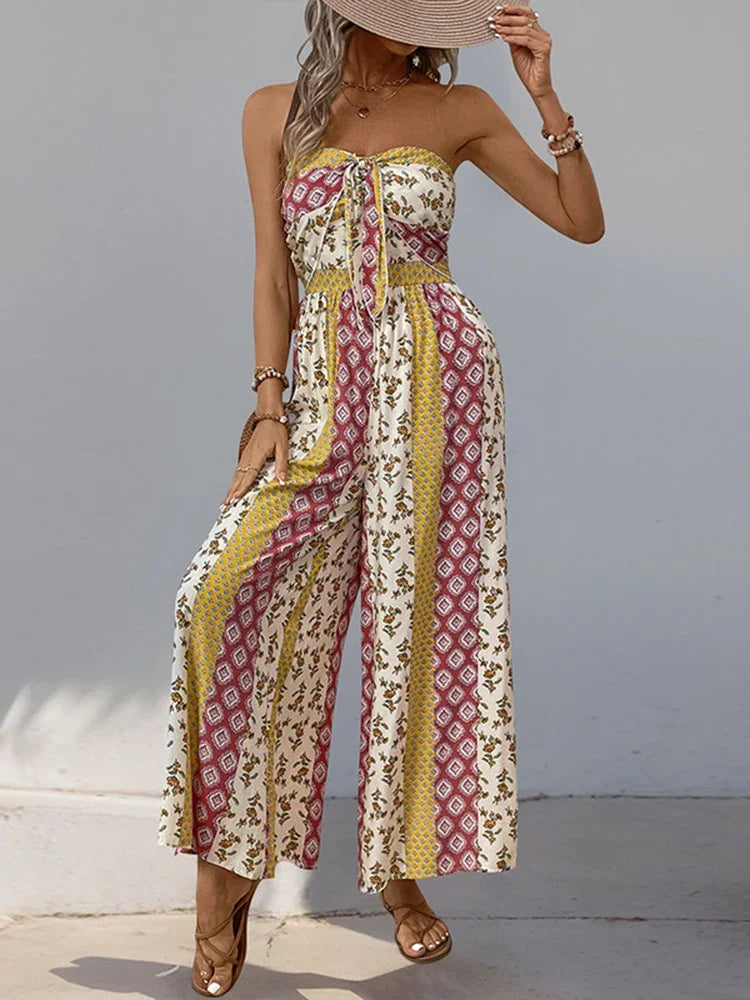 Women's Sleeveless Strapless Lace Up Wide Leg Pants Jumpsuit