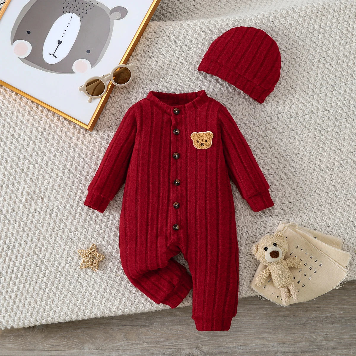Baby Red Onesie Buttons Jumpsuit Red Hat Set