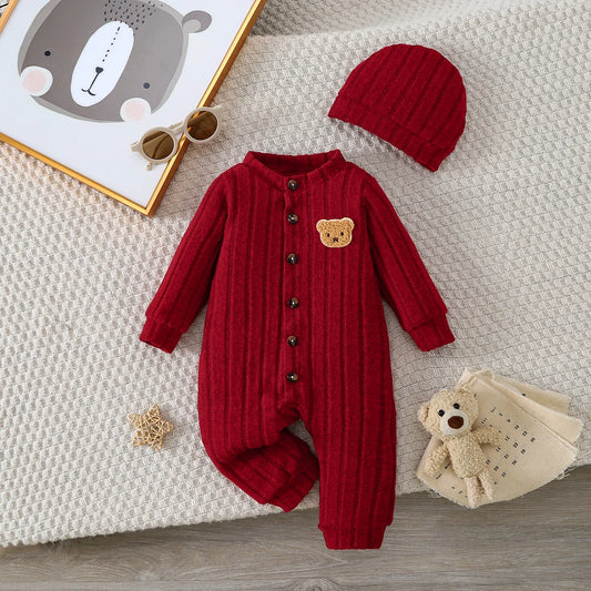 Baby Red Onesie Buttons Jumpsuit Red Hat Set