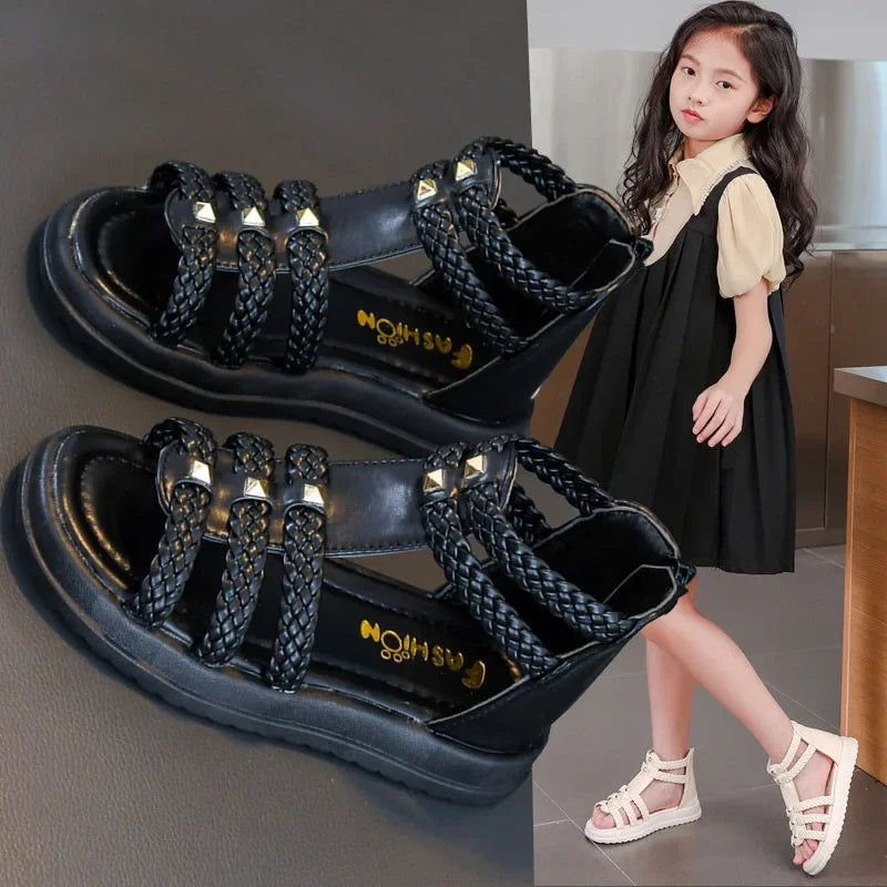 Girls Braided Solid Color Simple Rivets Hollow Flat Sandals
