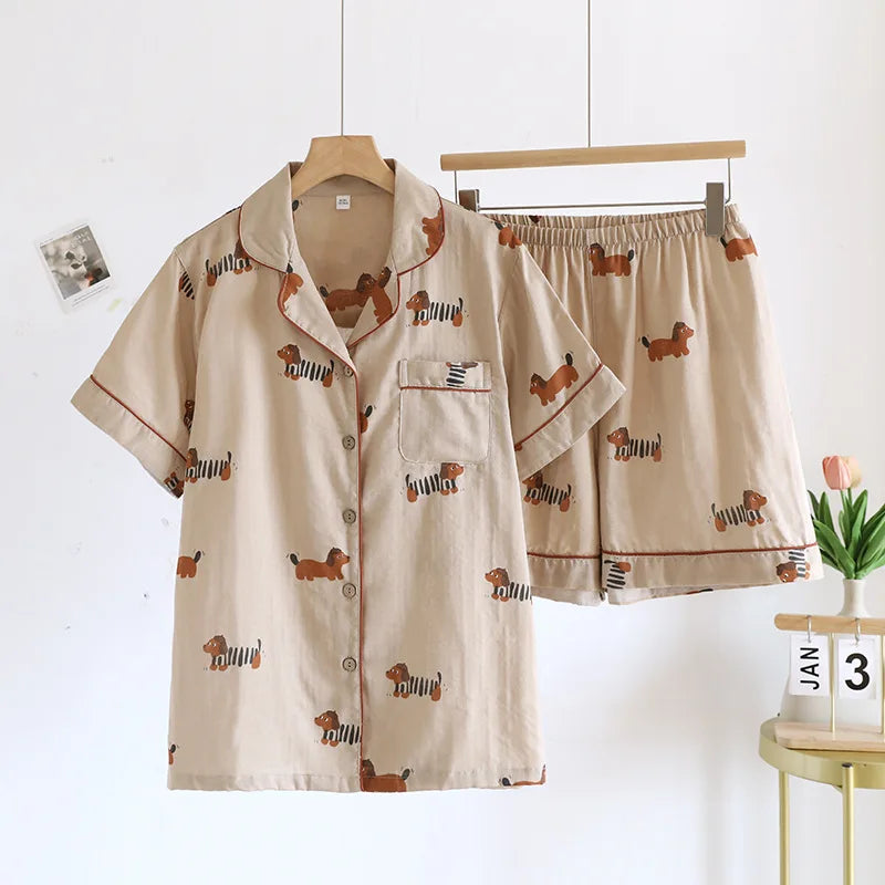 Women's 2Pcs Cotton Gauze Thin Short Sleeved Short Pajamas Set