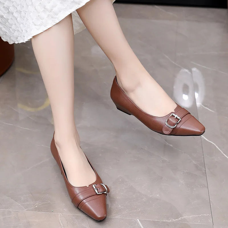 Women's Genuine Leather Low Heel Soft Buckle Pumps Shoes