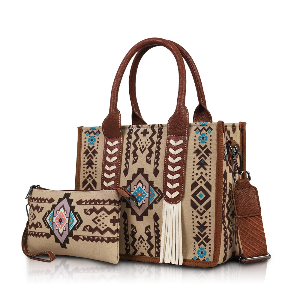 Women's Ethnic Print Tassel Decoration Handheld Crossbody Bag Set