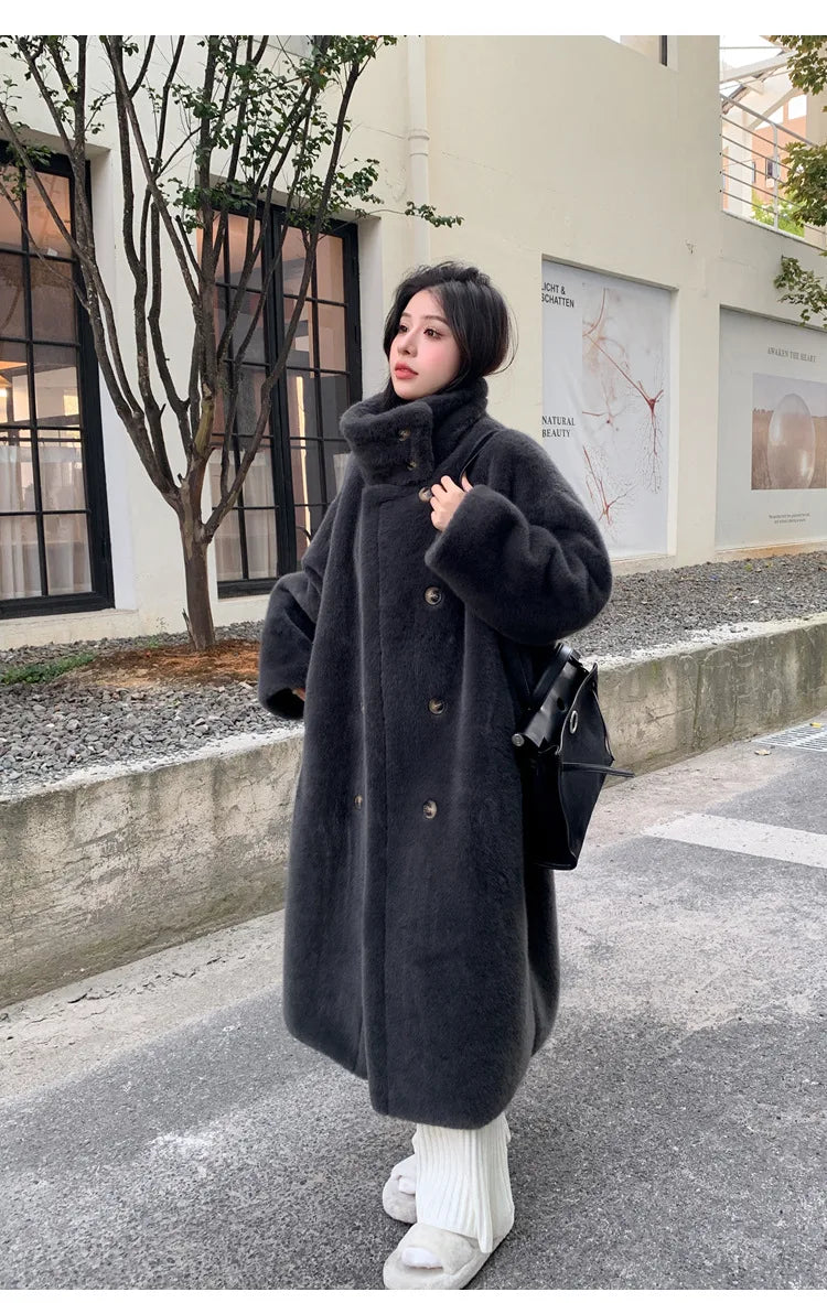 Women's Long Loose Double-Breasted Mink Fur Plush Coat