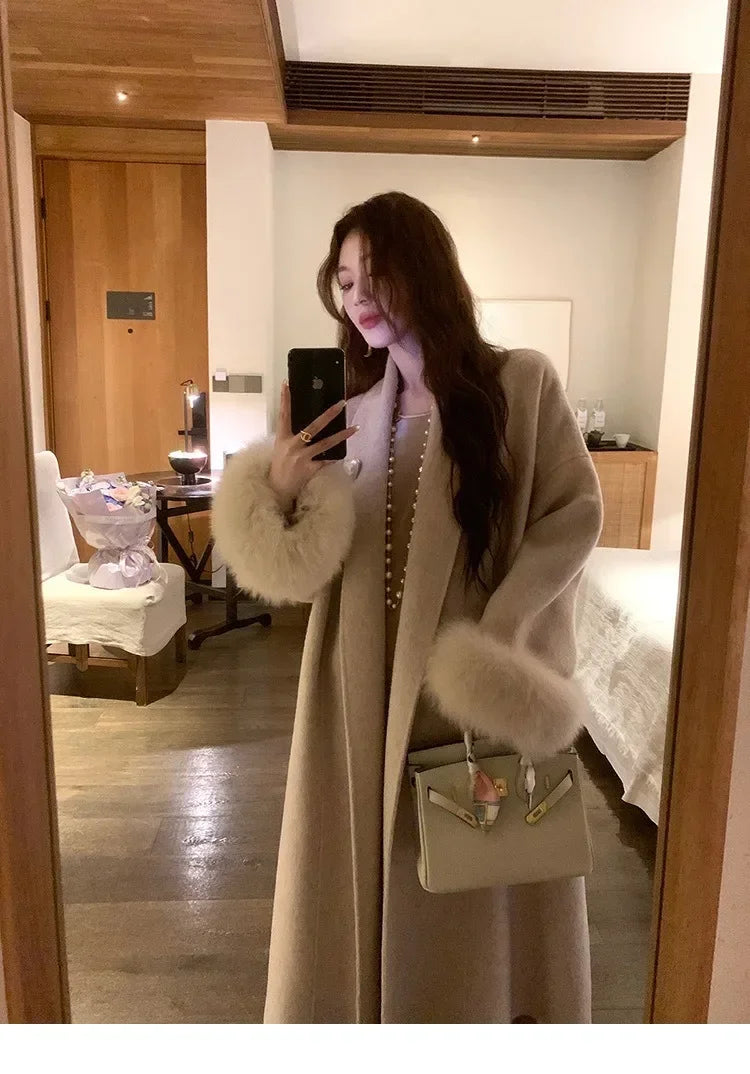 Women's Long Fur Woolen Double Sided Cashmere Coat