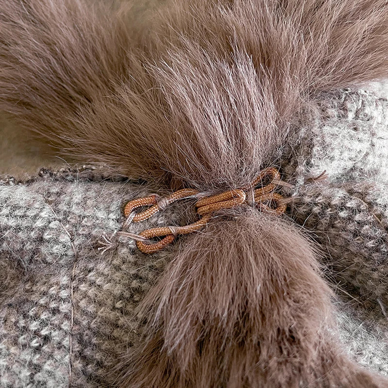 Women's Mink Wool Full Trims Faux Fur Hooded Fleece Wrap Cape
