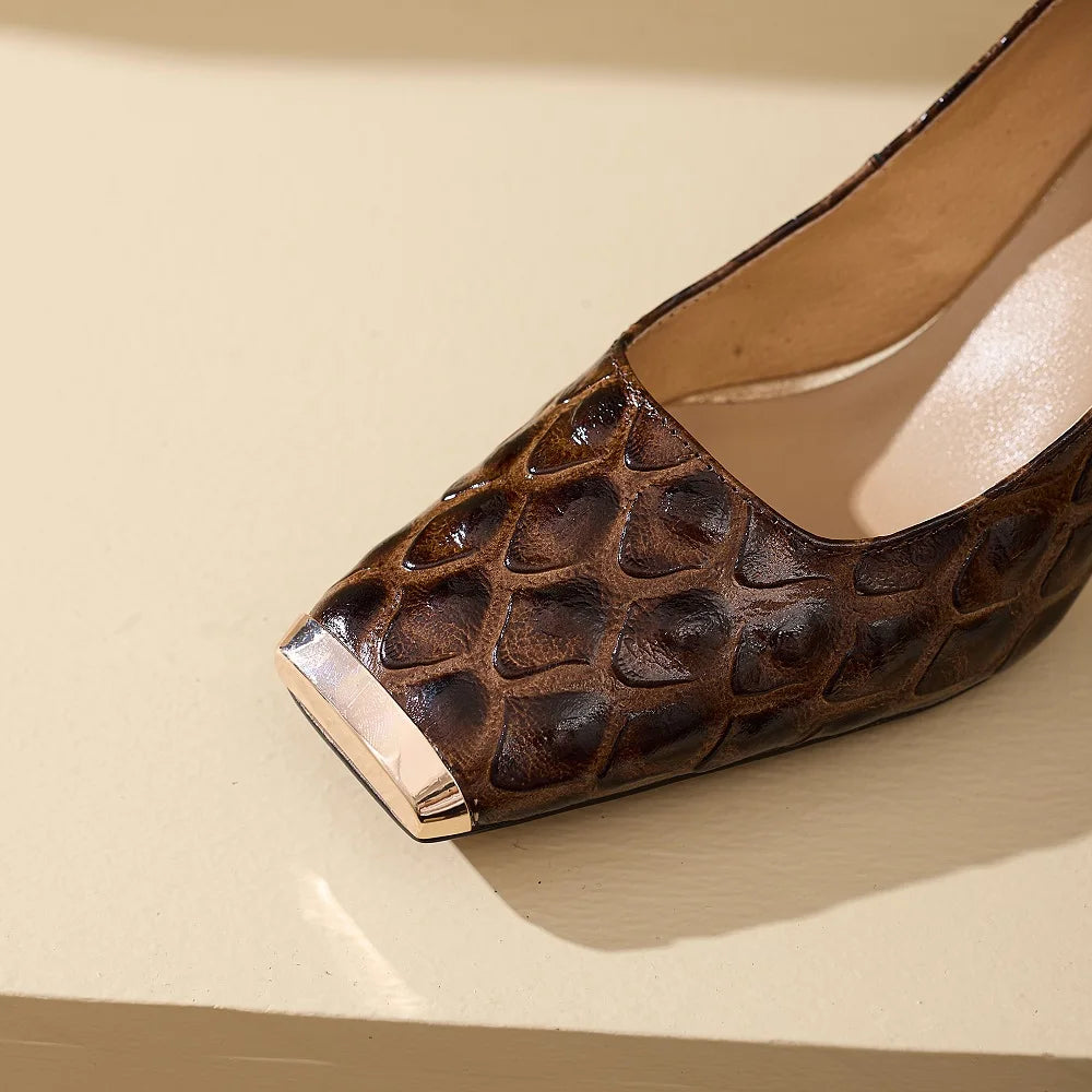 Women's Genuine Leather Mid Heel Square Toe Pumps Shoes