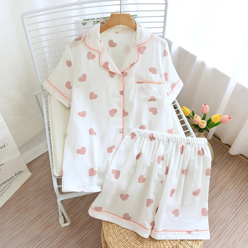 Women's 2Pcs Cotton Gauze Thin Short Sleeved Short Pajamas Set