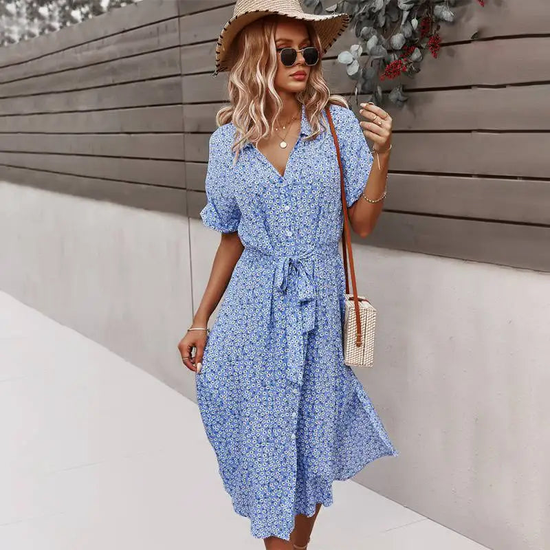 Women's Short Sleeve Button V-Neck Beach Boho Midi Dress