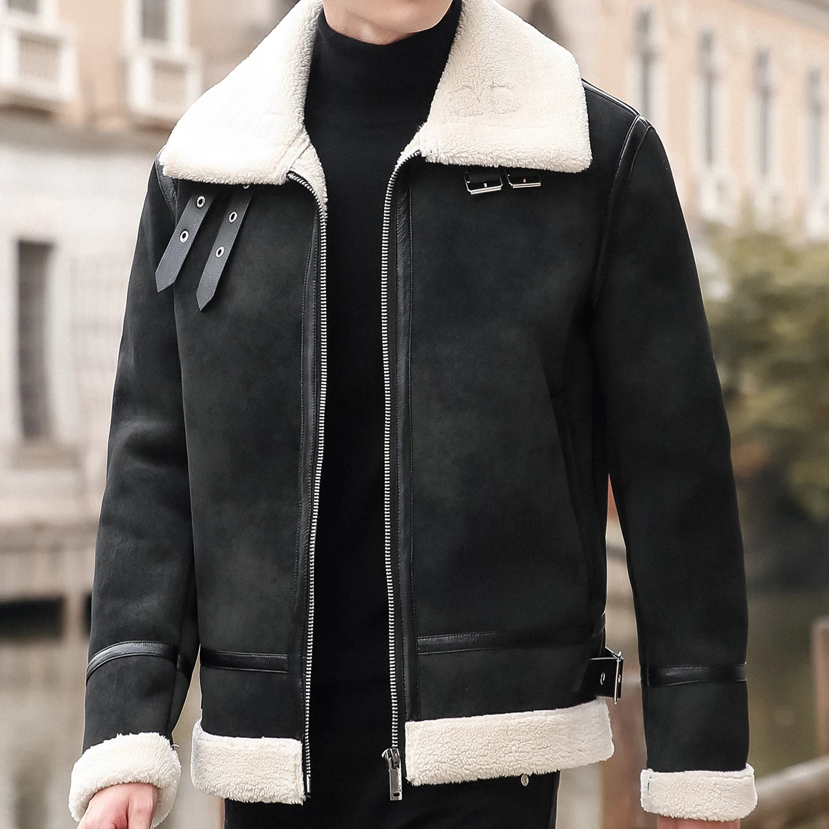 Men's Fur Collar Lamb Wool Comfort Leather Jacket