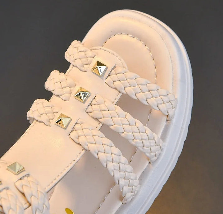 Girls Braided Solid Color Simple Rivets Hollow Flat Sandals