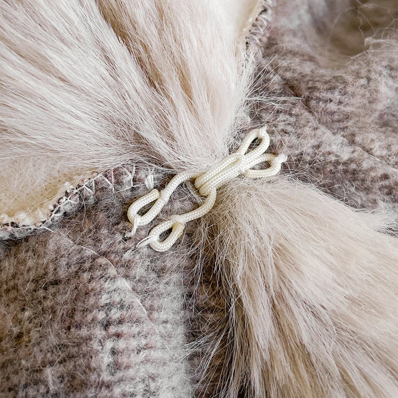 Women's Mink Wool Full Trims Faux Fur Hooded Fleece Wrap Cape