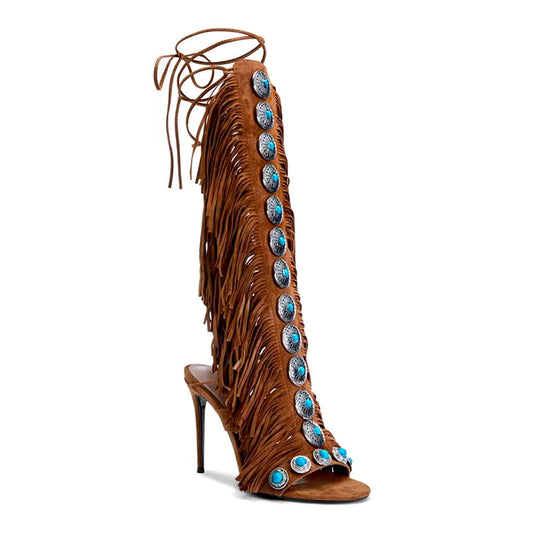 Women's Fringe Strappy Open Toe Lace Up Tassels High Heel Boots