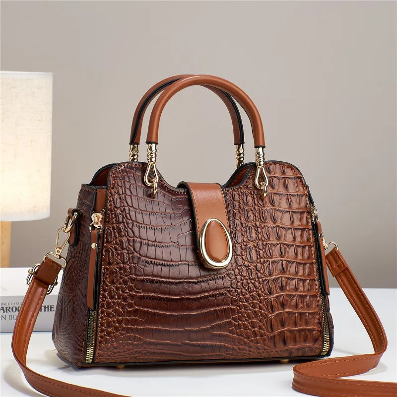 Women's Leather Crocodile Patterned Messenger Shoulder Handbag