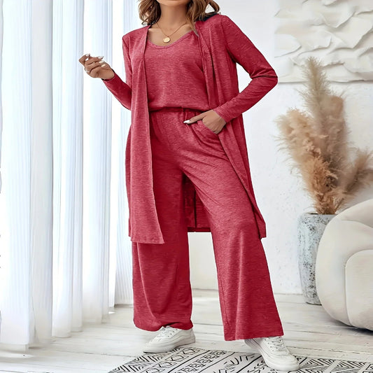Women's 3Pcs knit Tank Cardigan Wide Leg Pants Loungewear Set