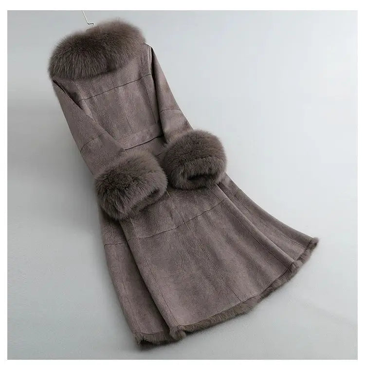 Women's Mid Length Rabbit Fur Fox Fur Collar Slim Fit Coat