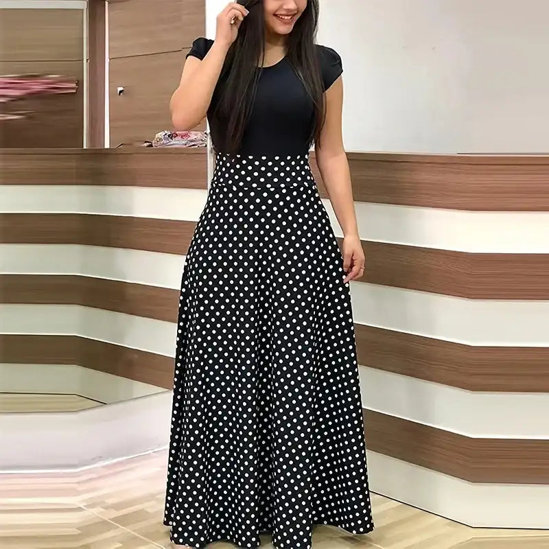 Women's Short Sleeve Slim Waist Pleated Maxi Dress