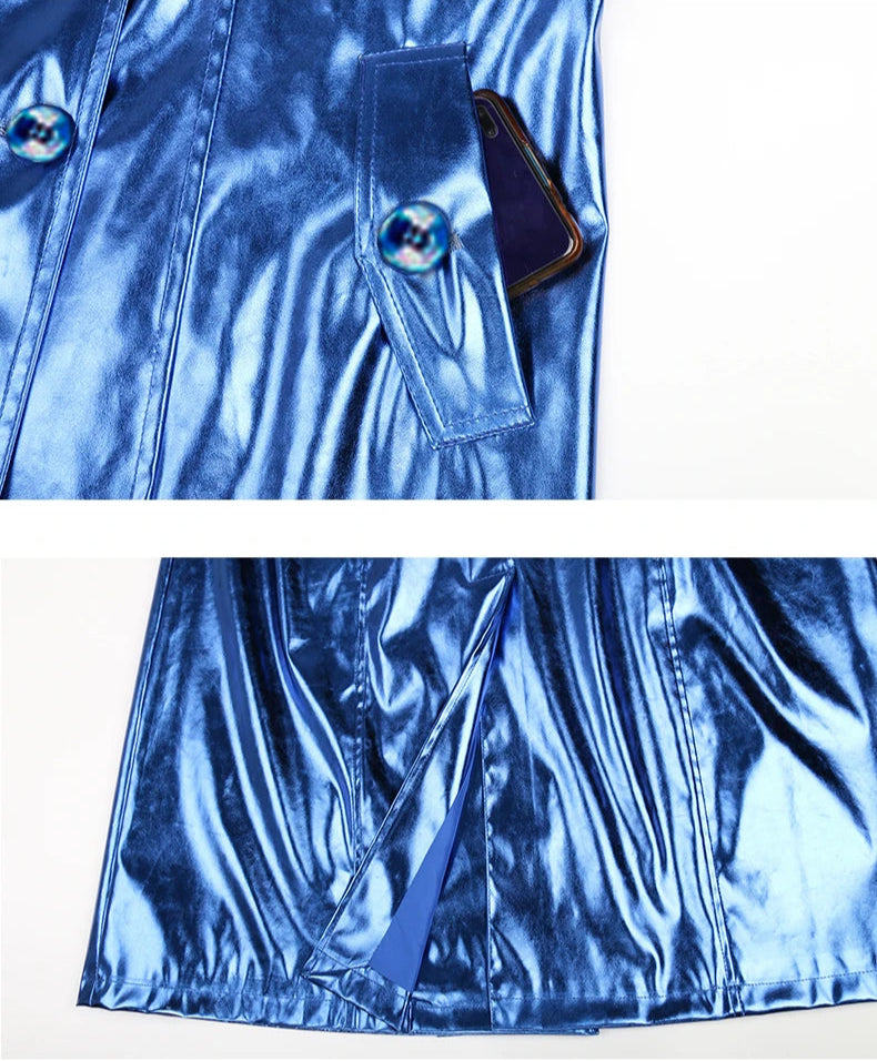 Women's Long Shiny Reflective Patent Leather Trench Coat