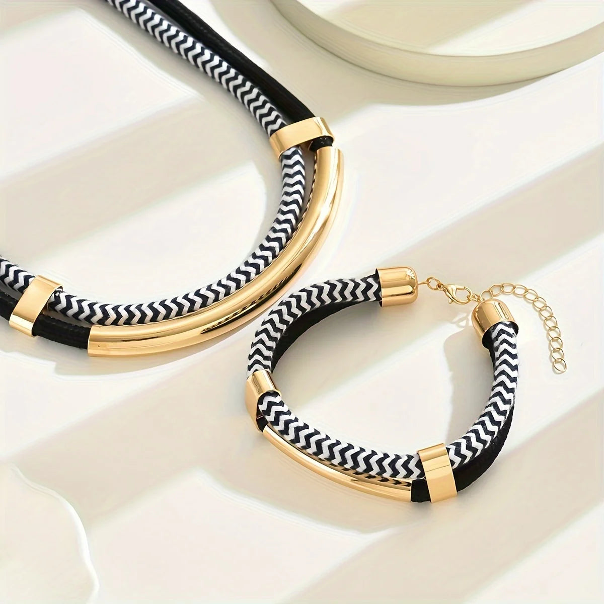 Women's 2PCS Thick Double Line Metal Tube Necklace Bracelet Set