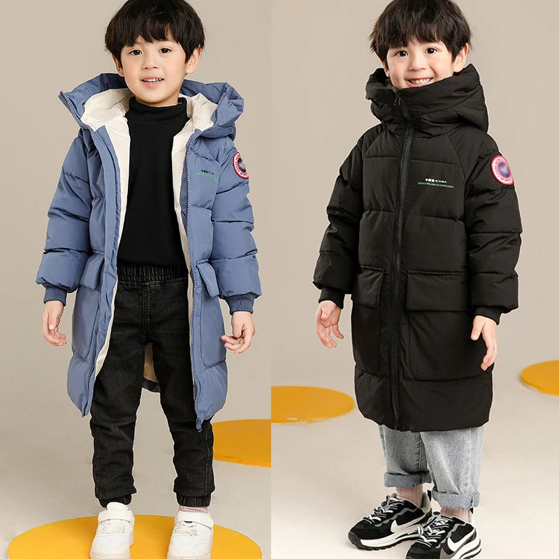 Kids' Solid Color Long Style Warm Hooded Jacket