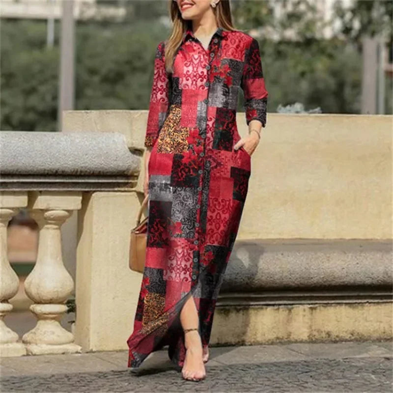 Women's Patchwork Printed Loose Long Lapel Buttons Dress