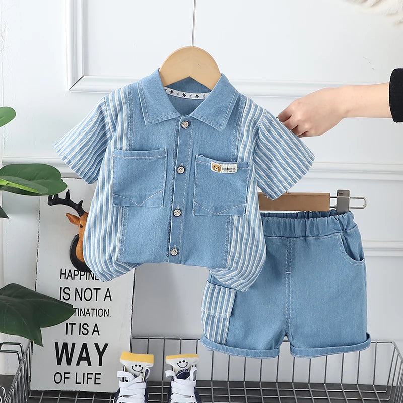 Kids' 2Pcs Denim Striped Shirt Short Suit Set