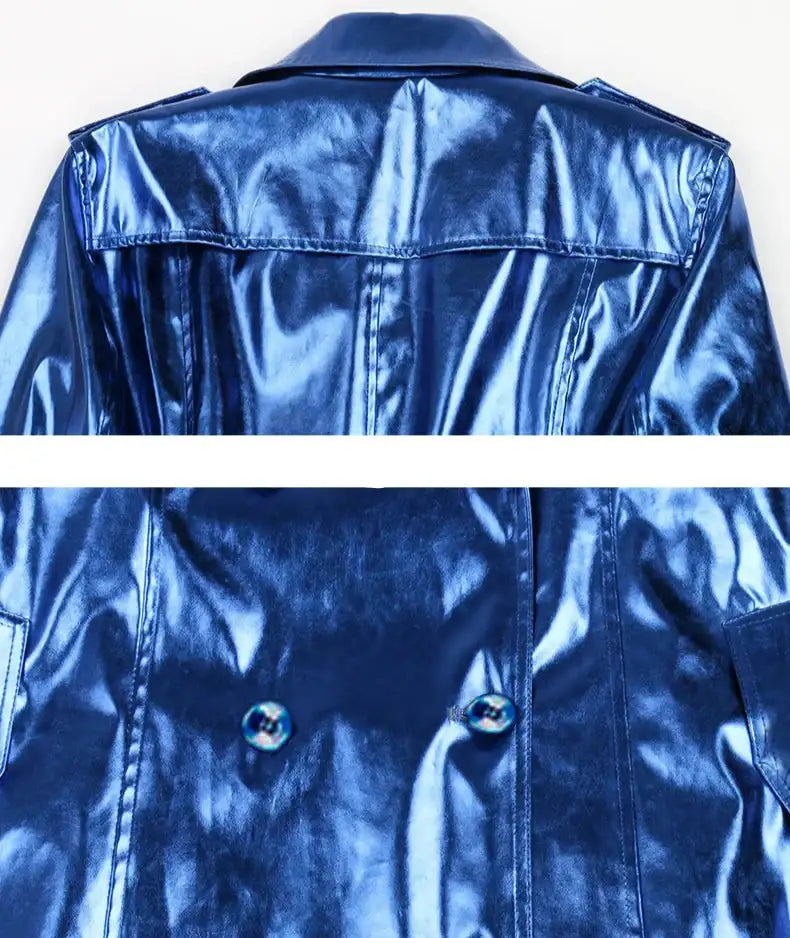 Women's Long Shiny Reflective Patent Leather Trench Coat