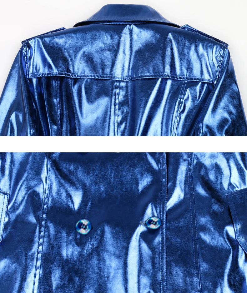 Women's Long Shiny Reflective Patent Leather Trench Coat