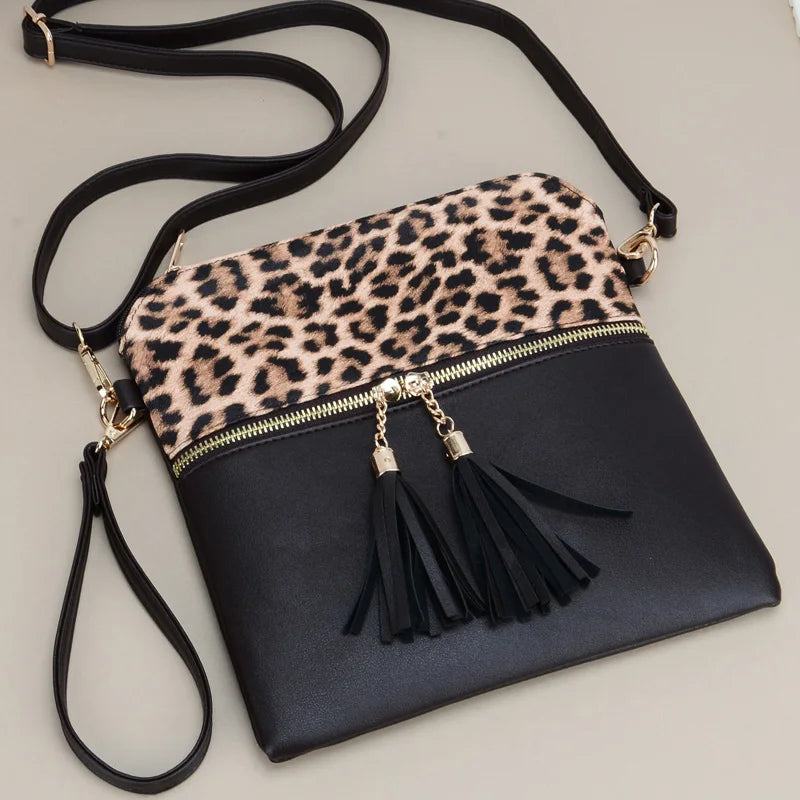 Women's Leopard Pattern Vintage Style Double Tassel Shoulder Bag