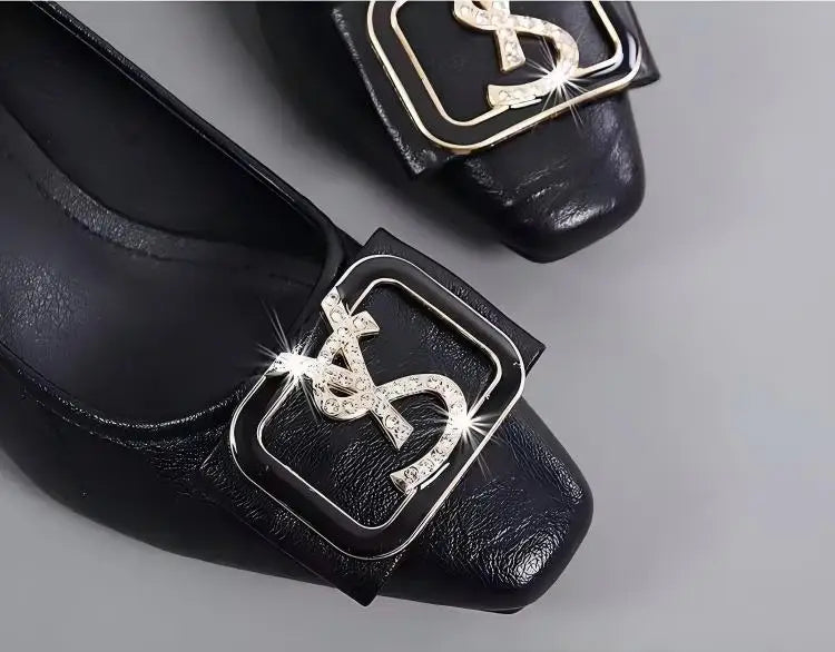 Women's Rhinestone Metal Buckle Mid Heel Pumps