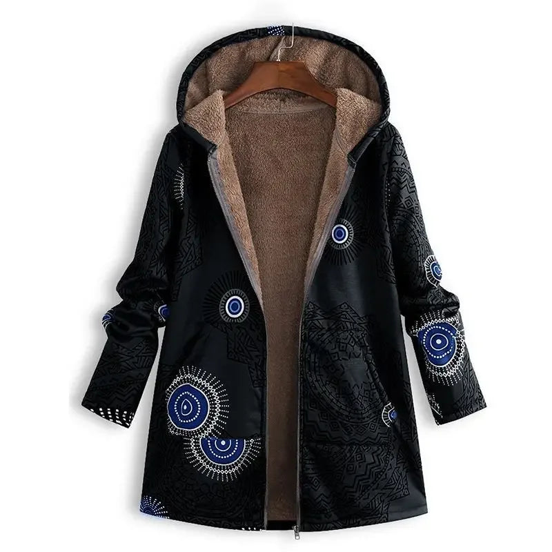 Women's Printed Hooded Long Sleeve Vintage Coat