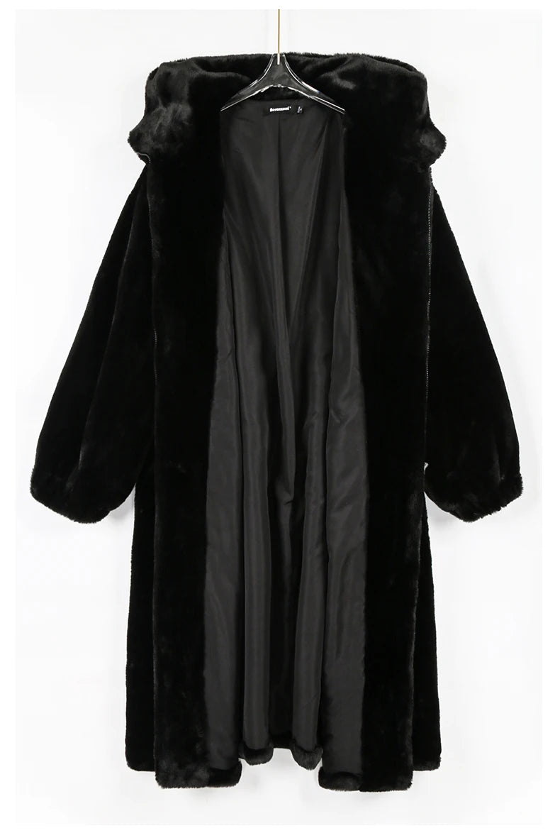Women's Fluffy Faux Fur Hood Drawstring Waist Zip Up Coat