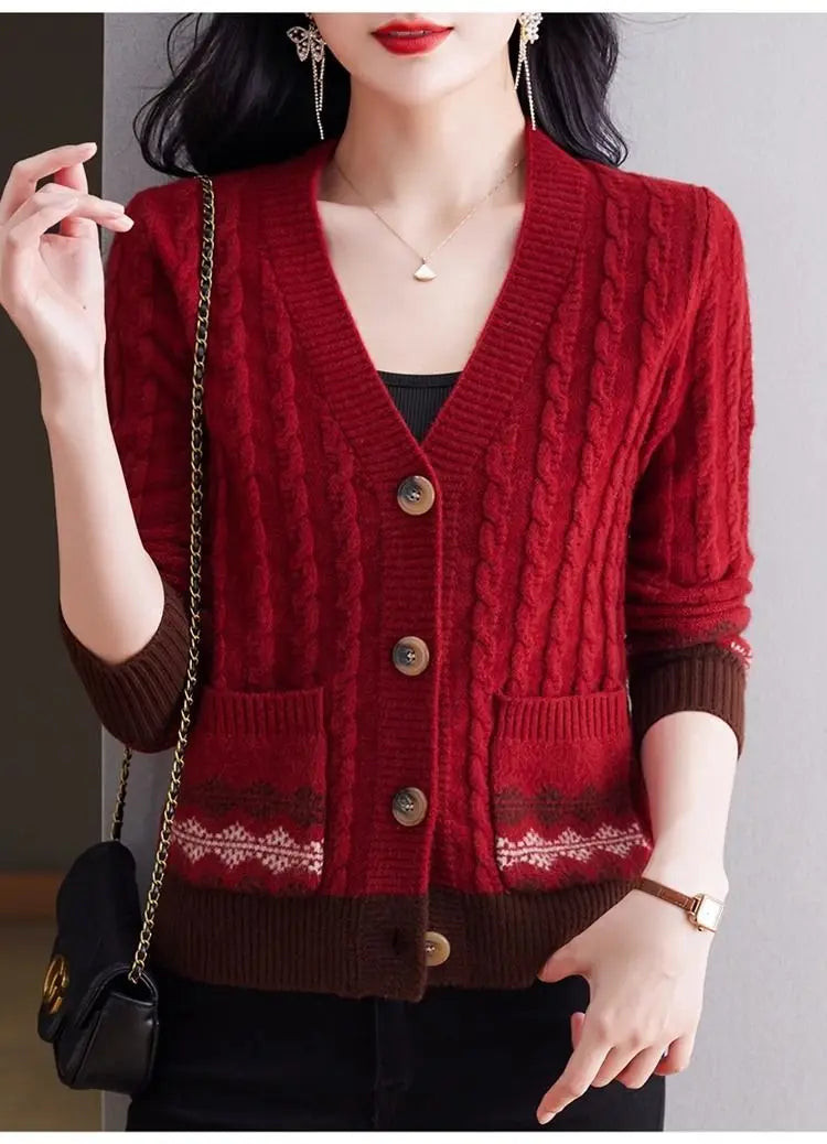 Women's Vintage V-Neck Button Pocket Knitted Cardigan Sweater