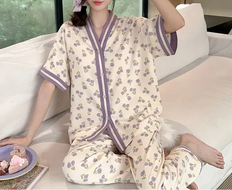 Women 2PCS Casual Classic Sweet Purple Floral Pajamas