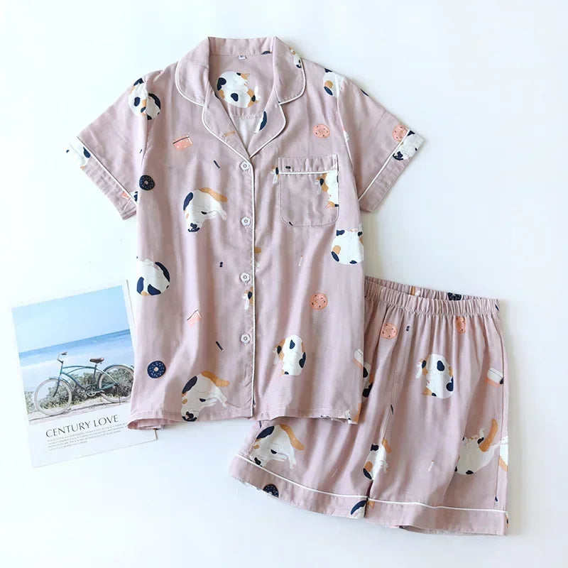 Women's 2Pcs Cotton Gauze Thin Short Sleeved Short Pajamas Set