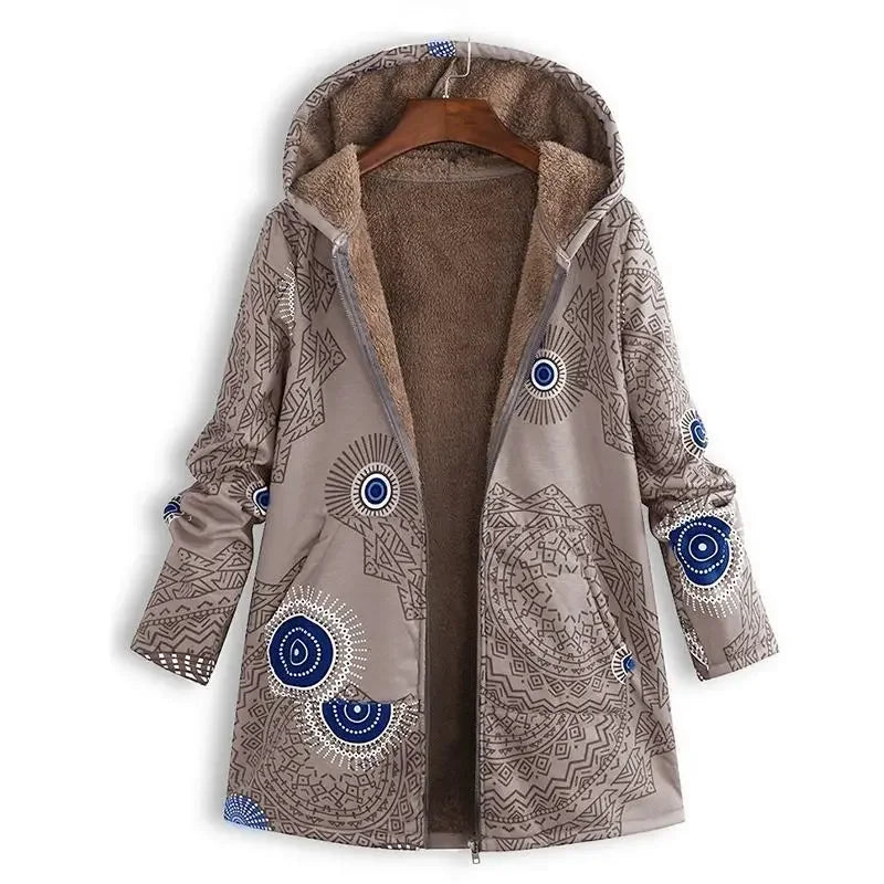 Women's Printed Hooded Long Sleeve Vintage Coat