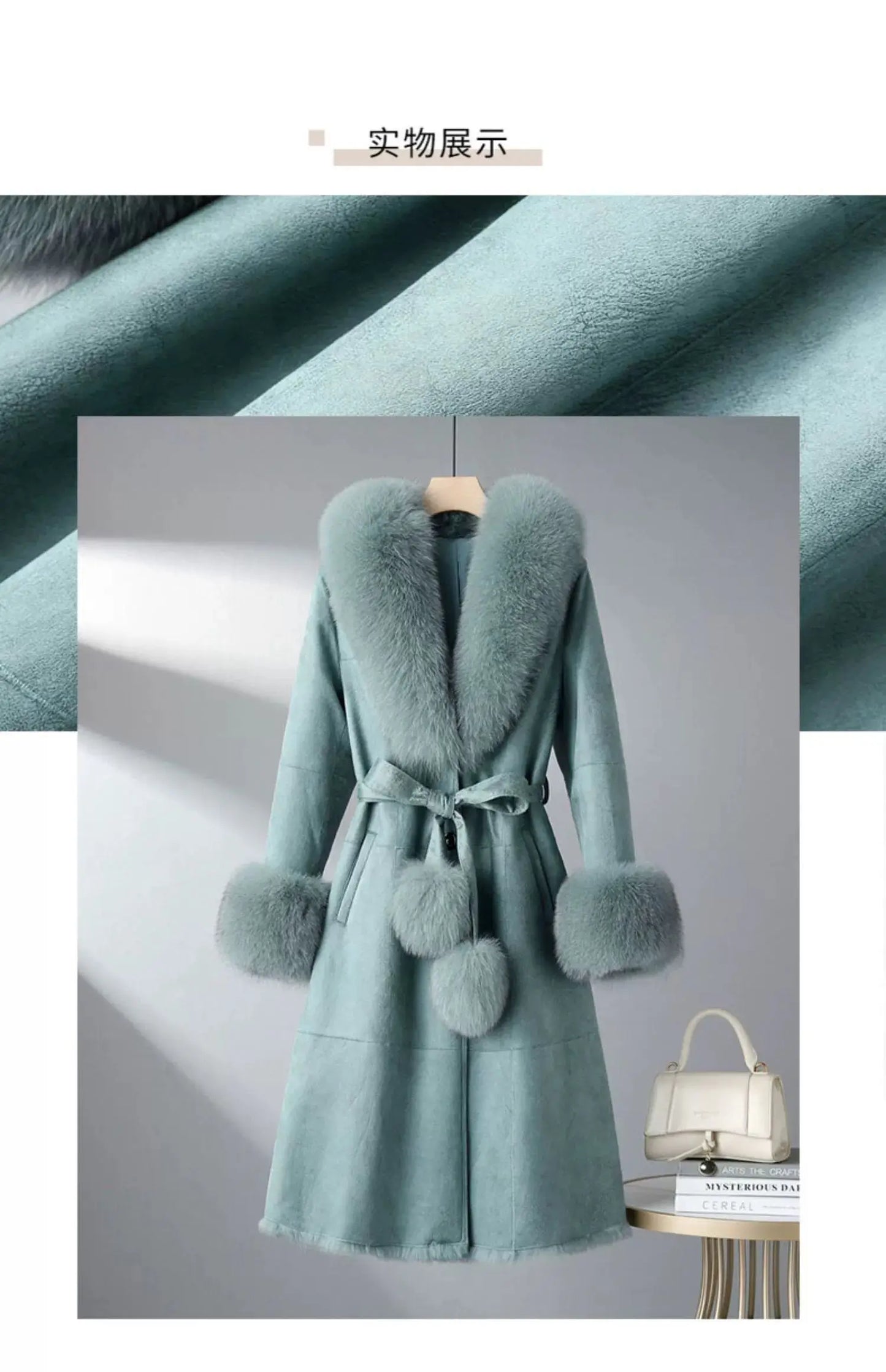 Women's Mid Length Rabbit Fur Fox Fur Collar Slim Fit Coat